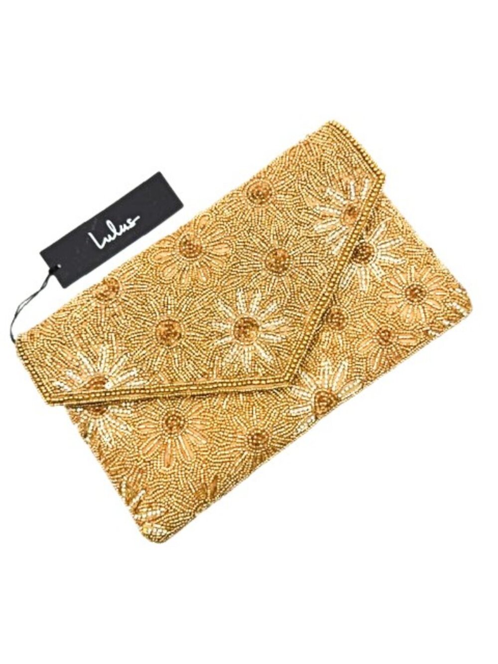 Lulus Gold Beaded Floral Envelope Clutch Crossbody Bag NWT